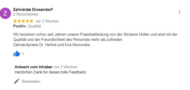 Google Rezension 5 Sterne für Praxiskleidung von Zahnärzten Drosendorf